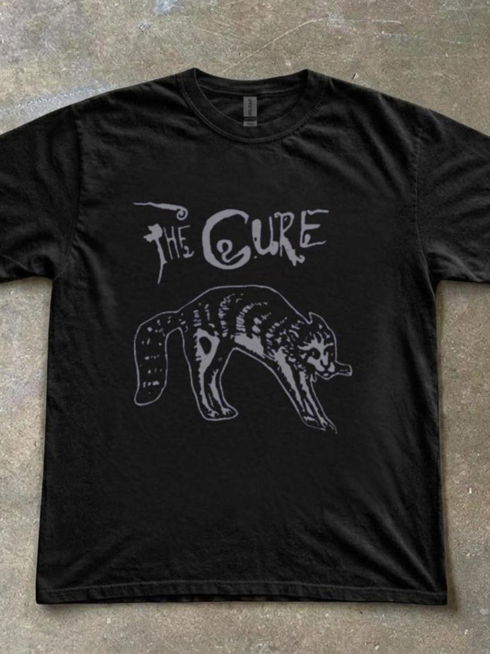Gildan Black Graphic Tee with Gray 'The Cure' Fox Design